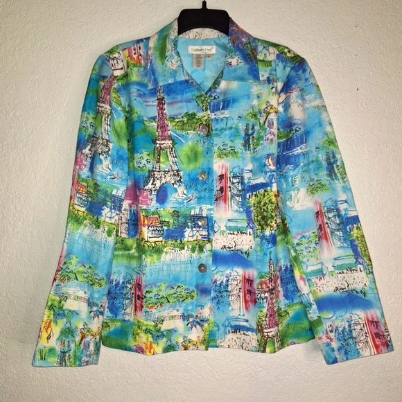 Coldwater Creek Artsy Paris Eiffel Tower Linen Blend Button Up Jacket Wmn's Sz S - Picture 1 of 10
